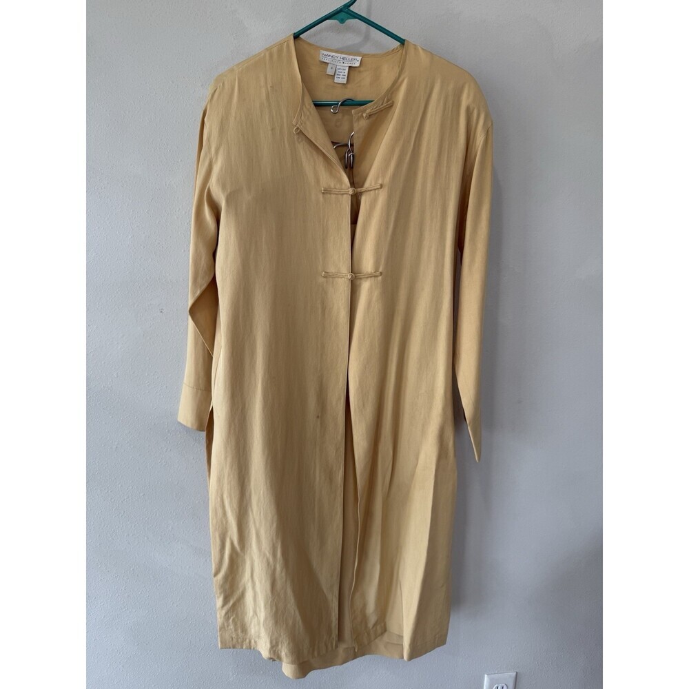 Vintage Nancy Heller 100% Silk Yellow Gold Shirt Skirt Set Blouse Women's Small